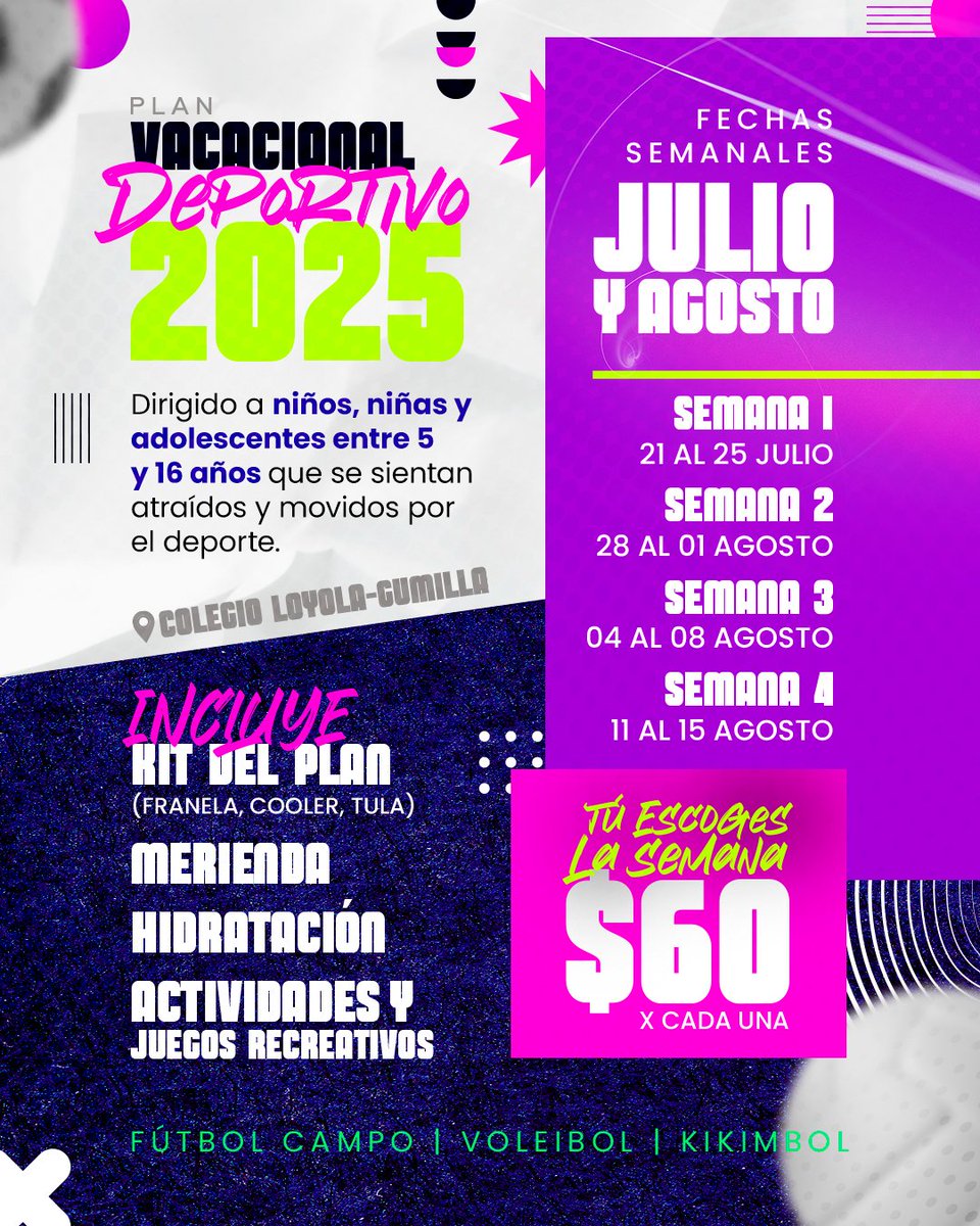 Disfruta del Plan Vacacional Deportivo 💯. Ofrecemos 4️⃣ semanas llenas de diversión y movimiento 💫

Para más info. puedes escribir a la Coordinación de Deportes de Somos Magis ➡ 04144619372