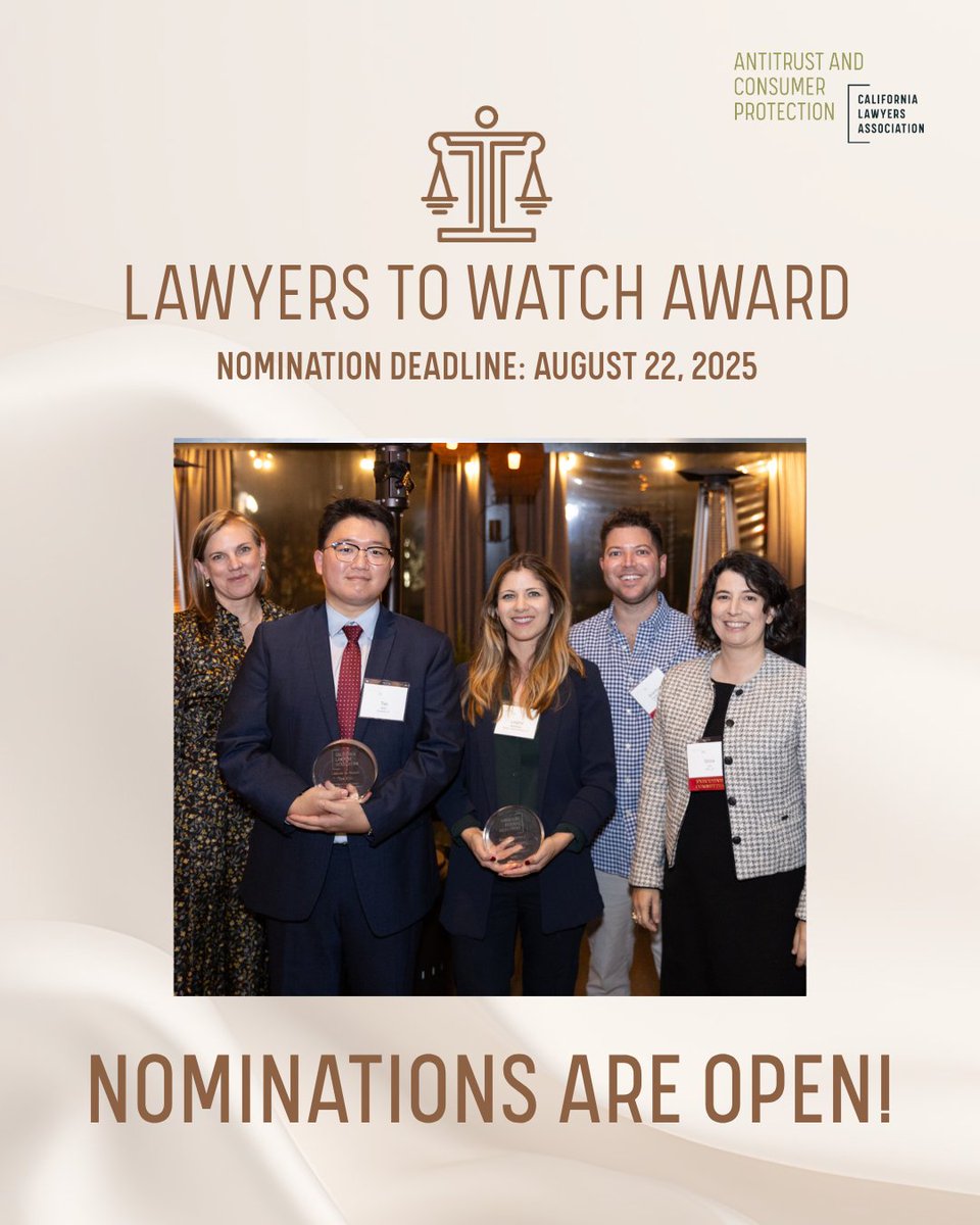 CLAAntitrust's tweet image. 🏆 Nominations Now Open!
The Antitrust and Consumer Protection Section is accepting applications for the Lawyers to Watch Award, honoring outstanding early-career attorneys in antitrust, unfair competition and consumer protection practice.

Apply now:
 🔗 bit.ly/4eFuDWD