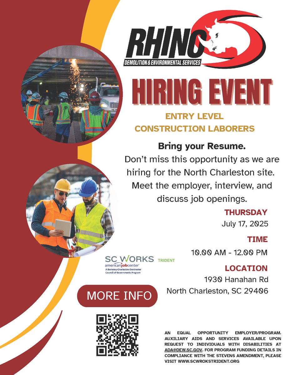 SC Works Trident is excited to announce the upcoming Rhino Demolition &amp; Environmental Services Hiring Event.  
SC Works Charleston 1930 Hanahan Road Suite 200 North Charleston, SC 29406
Thursday, July 17
10:00 am – 12:00 pm