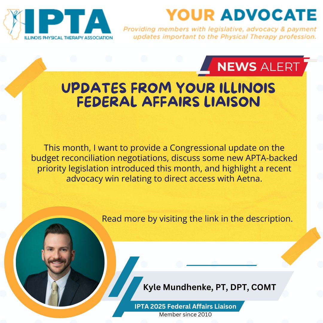 IPTA's Federal Affairs Liaison, Kyle Mundhenke, PT, provides provide a Congressional update on budget reconciliation negotiations, new APTA-backed priority legislation introduced, and highlight a recent advocacy win relating to direct access.

Read more: ipta.org/news/705353/Up…