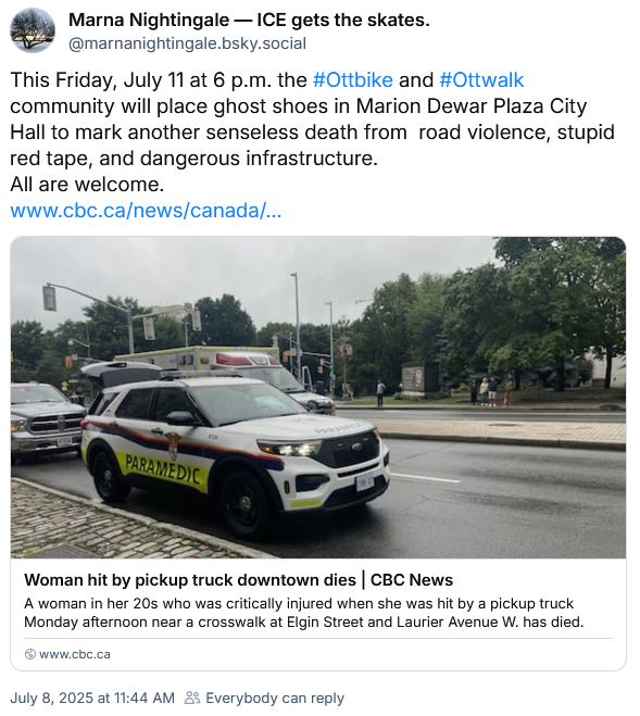 JagVillani's tweet photo. Ottawa! Vigil this Friday at 6 PM at City Hall for the (as-yet unnamed)  pedestrian killed yesterday at Laurier &amp; Elgin. Let's get loud about  safety. Please spread this message far and wide for safer streets. #ottwalk #ottroll #ottbike https://t.co/q9plh7nWv3