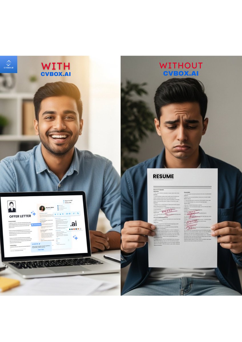 cvboxdotai's tweet photo. Success With https://t.co/VApKE7OnXx vs. Without It | The Difference is Clear!
✅ With https://t.co/VApKE7OnXx: Land dream jobs faster with an ATS-friendly resume!
❌ Without It: Endless applications, no responses…
Try https://t.co/VApKE7OnXx now &amp; get noticed! 👉 https://t.co/cv5wZl8dV5