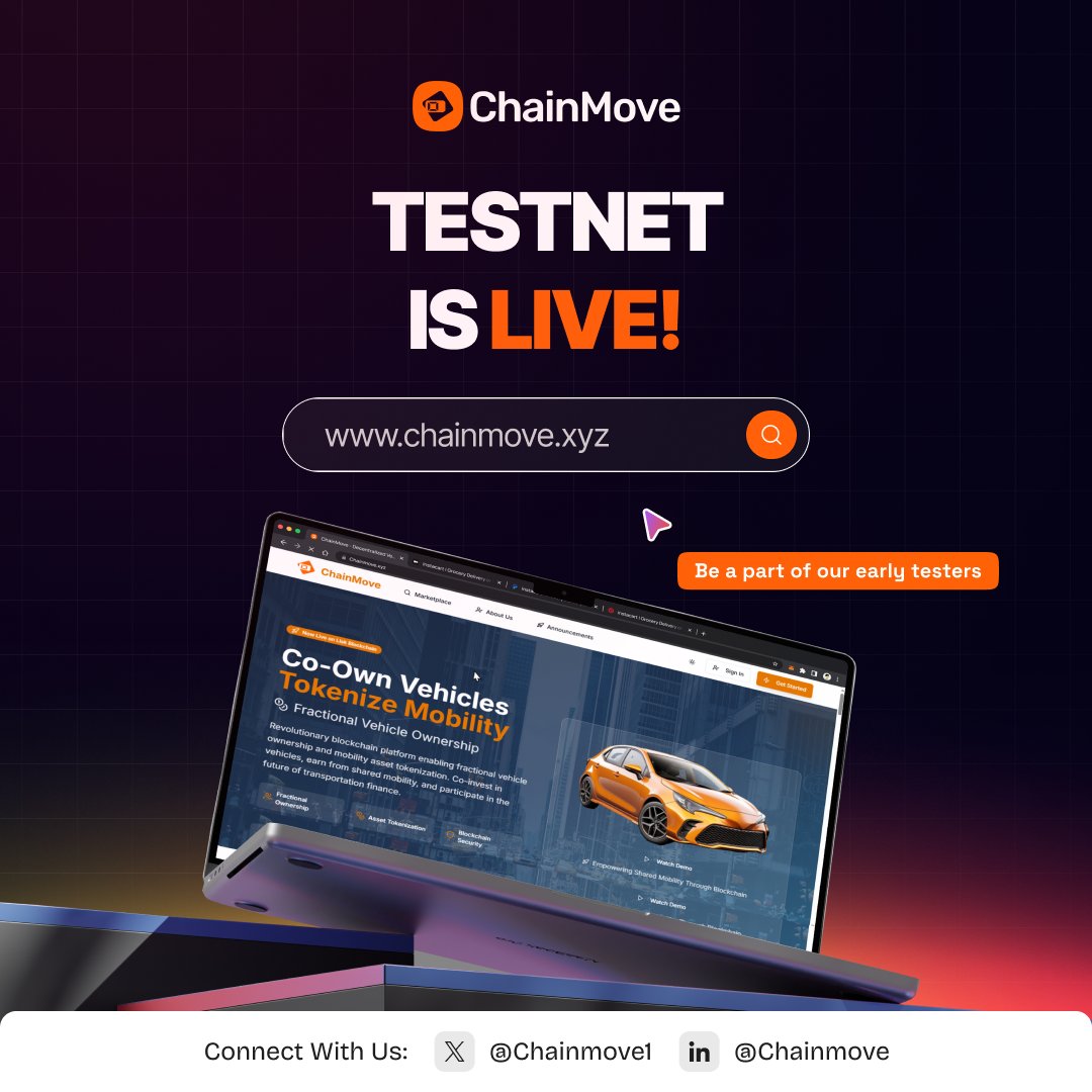 ChainMove1's tweet photo. We haven’t even recovered from yesterday’s good news… and now THIS?! 🚀
The ChainMove Testnet is officially live🧡
We’re opening the doors to fair, transparent transport investing.
Jump in early → https://t.co/VtUKAX1EI5
#ChainMove #Web3Africa #MobilityRevolution #TestNet https://t.co/eJ81KQDZ6K