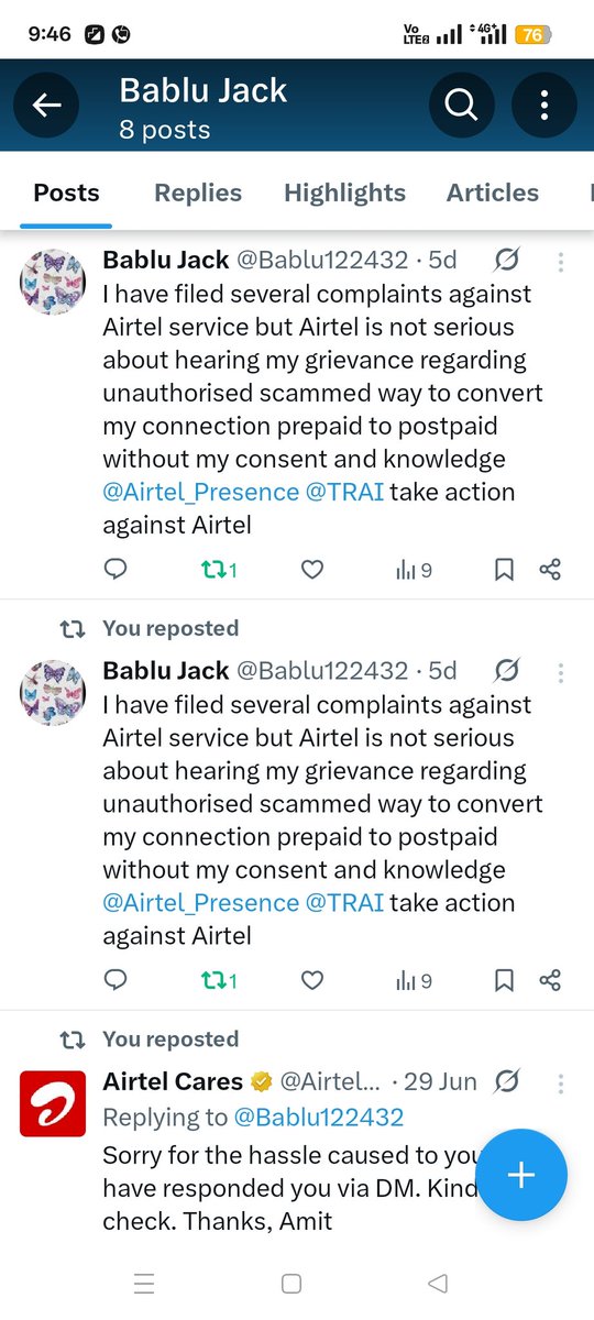 Bablu122432's tweet photo. @Airtel_Presence @TRAI @anmol_exsecular @humanrightsdl @airtelindia  is not serious about my grievance regarding illegally converted my number prepaid to postpaid without any verification process https://t.co/eFJ5BaFQfw