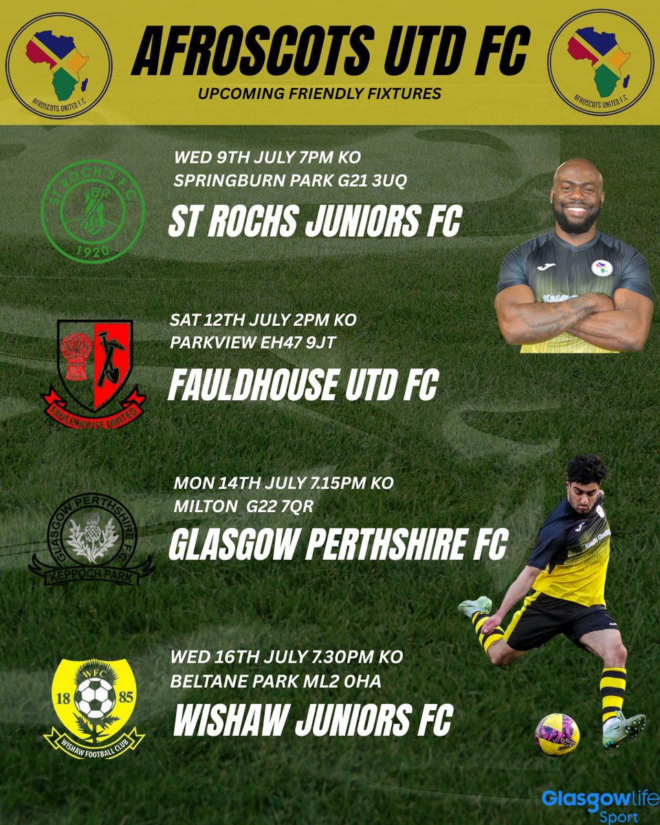 Afroscots United Fc (@afroscots) on Twitter photo 🚨 Fixture Update!
Our game against <a href="/GREENOCKJFC/">Greenock Juniors FC</a> has been cancelled.
We’ll now be facing <a href="/StRochsJuniors/">St Roch's FC</a> this Wednesday at Springburn Park!
Kick-off time 7pm— but we hope to see as many of you there as possible to support the team! 🙌⚽️ #FixtureUpdate #SupportLocalFootball# 🚨 Fixture Update!
Our game against <a href="/GREENOCKJFC/">Greenock Juniors FC</a> has been cancelled.
We’ll now be facing <a href="/StRochsJuniors/">St Roch's FC</a> this Wednesday at Springburn Park!
Kick-off time 7pm— but we hope to see as many of you there as possible to support the team! 🙌⚽️ #FixtureUpdate #SupportLocalFootball#