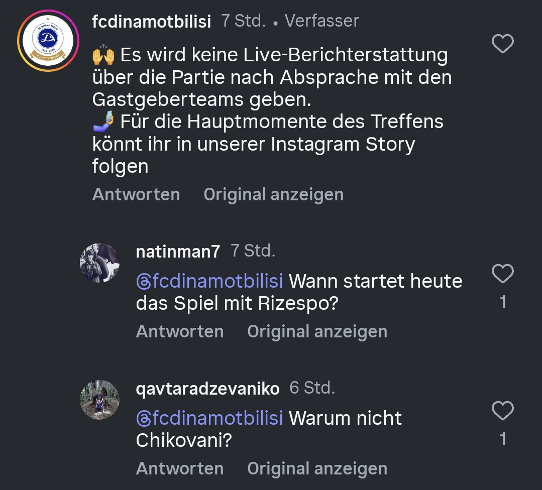 Nikoloz Chikovani anscheinend nicht im Trainingslager von Dinamo Tiflis dabei, sein Name (ნიკოლოზ ჩიქოვანი) fehlt auf der Liste und in den Kommentaren fragt ein Fan warum Chikovani fehlt.
Vielleicht zieht sich der Transfer ja aufgrund der Arbeitserlaubnis?
#S04