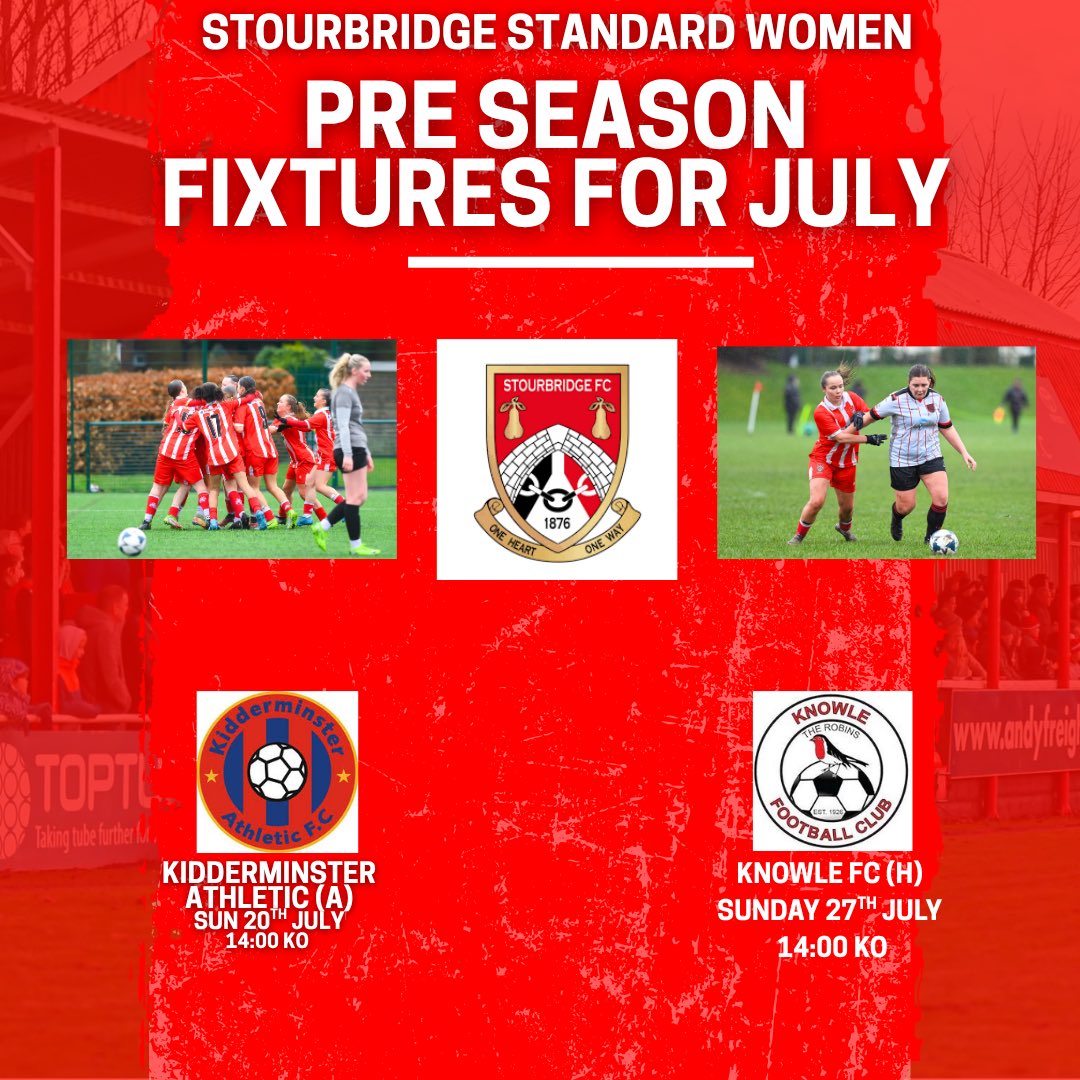 📆There has been a slight adjustment to our pre season games in July. 

We travel to Kidderminster Athletic on Sunday 20th July &amp; host Tier 6 Knowle Women on Sunday 27th July. 

We will announce the schedule for August shortly. 
.
.
.
#Glassgirls