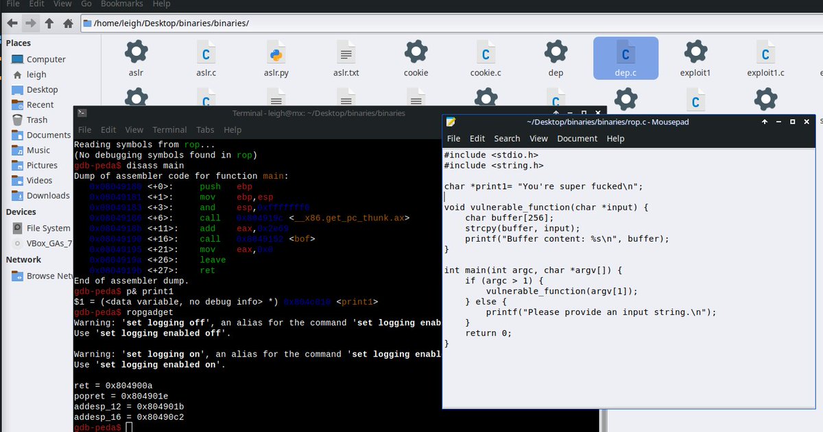 LeighGi66657535's tweet image. Just finishing off my DEFCON classes today. To teach the basics of Return oriented programming we will use a printf() gadget to print "You're super fucked" to the console before executing the rest of the ROP chain to gain shell on the system.😇