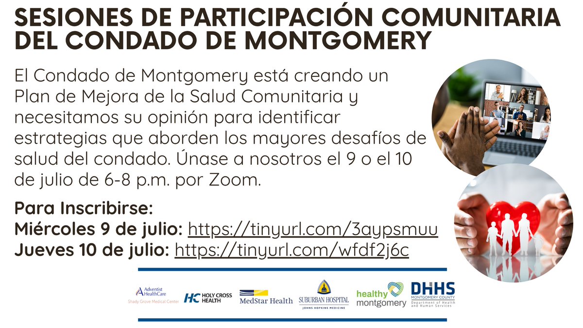 MoCoDHHS's tweet image. To identify strategies to address the county’s biggest health challenges, two virtual community input sessions are being offered free for residents to participate in.
Registration Links
July 9: tinyurl.com/4wuepyre
July 10: tinyurl.com/3pud9b38
Registration is required.