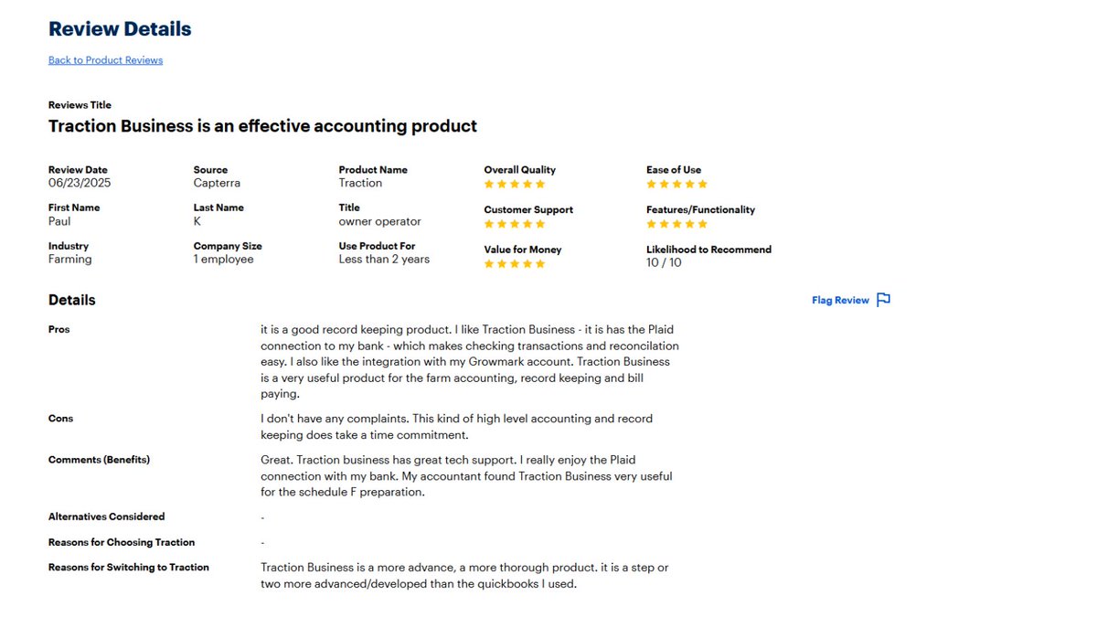 Traction_Ag's tweet image. 🚜 Another 5-star Capterra review!
Paul Kassel is loving our FS Bills integration — saving time & simplifying his workflow.
#TractionAg #FarmAccounting #AgTech #5StarReview