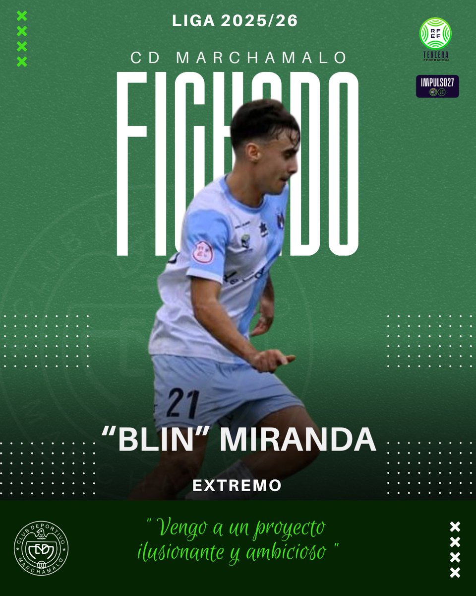 📢 FICHAJE: "BLIN MIRANDA", POTENCIA Y DESEQUILIBRIO PARA NUESTRAS BANDAS 

Pablo Miranda Juanes, de 24 años, llega desde el UC Ceares, donde fue pieza clave el pasado curso con 36 partidos oficiales y más de 2.000 minutos.

+INFO en nuestra web:
➡️ cdmarchamalo.es/pablo-miranda-…