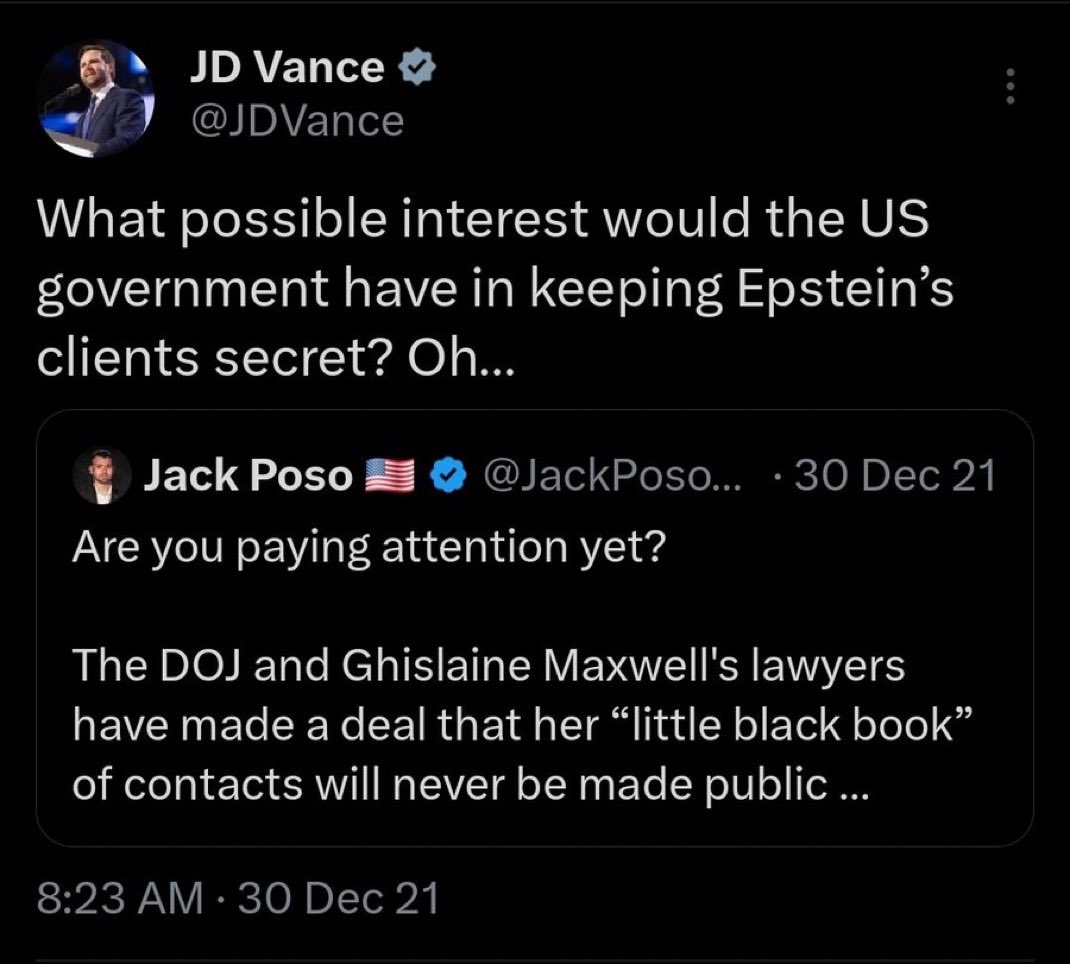 I’m not saying this to attack this Administration but to help it. The Epstein situation is a stain on both parties.

Release the list.