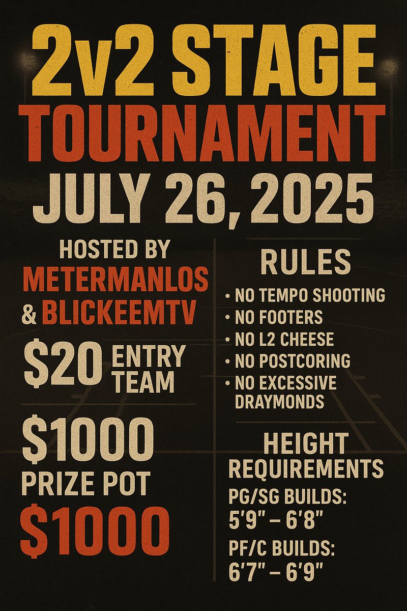 I've hosted over 25 tournaments this year but this will be the last tourney that I will be hosting for NBA 2K25! 
<a href="/ForeverBlickeem/">BlickeemTV</a> and I will be co-hosting this tourney together. I will be streaming it on <a href="/kick/"></a>  and Blickem will be streaming it on <a href="/Twitch/">Twitch</a> ! We are only