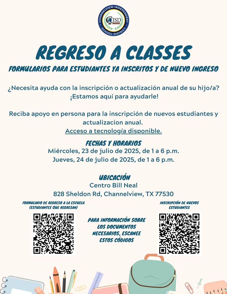 ChannelviewISD's tweet image. Back-to-School Forms are now open!
All new & returning Channelview ISD students must complete their forms before Aug 11.
Need Help?
Come to our Centralized Registration event:
📍 Bill Neal Center, 828 Sheldon Rd
🗓️ July 23 & 24 | ⏰1-6 p.m.
✅ Enrollment, forms, tech support