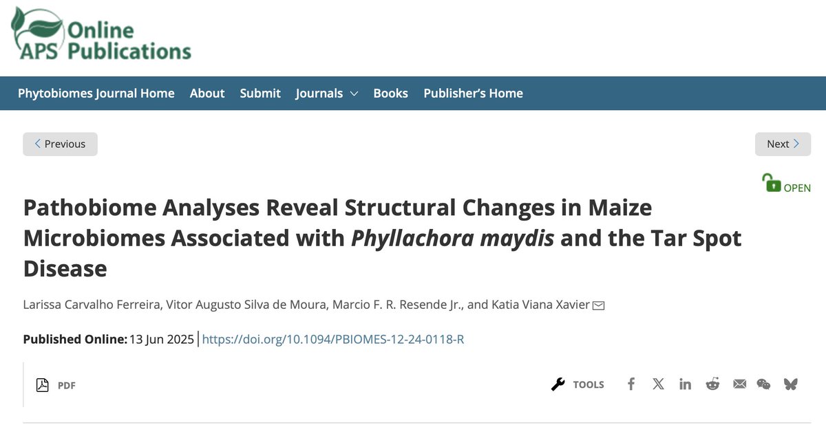 Our new paper on the pathobiome of #TarSpot is now available for First Look in Phytobiomes Journal! 🌽
We compared symptomatic &amp; asymptomatic tissues and found microbiome members associated with the disease in Florida.
Read it here 👇
apsjournals.apsnet.org/doi/10.1094/PB…