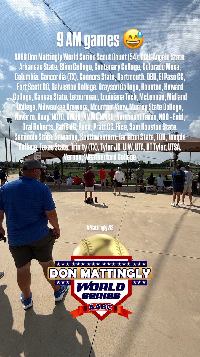 Five Tool Baseball (@fivetool) on Twitter photo AABC Don Mattingly World Series 9 AM game scout count!
Just getting started this week at the Ford Sports Village at the <a href="/MelissaSports/">Melissa Sports</a> Z-Plex.
#WatchEm / #MattinglyWS AABC Don Mattingly World Series 9 AM game scout count!
Just getting started this week at the Ford Sports Village at the <a href="/MelissaSports/">Melissa Sports</a> Z-Plex.
#WatchEm / #MattinglyWS