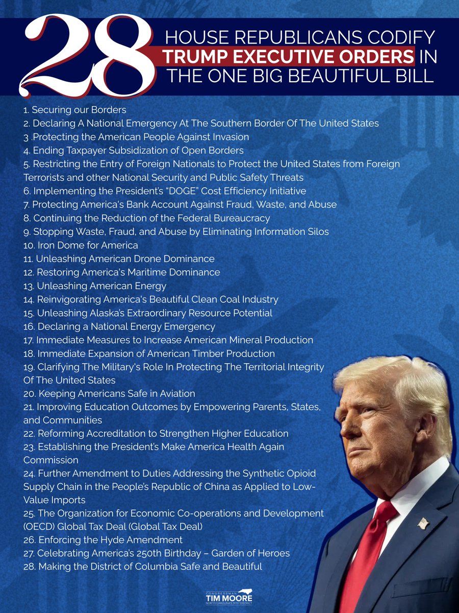 RepTimMooreNC's tweet image. The One Big Beautiful Bill codified 28 of President Trump's executive orders to make America stronger, safer, and more prosperous.
This historic legislation is a playbook for restoring American greatness. 🇺🇸