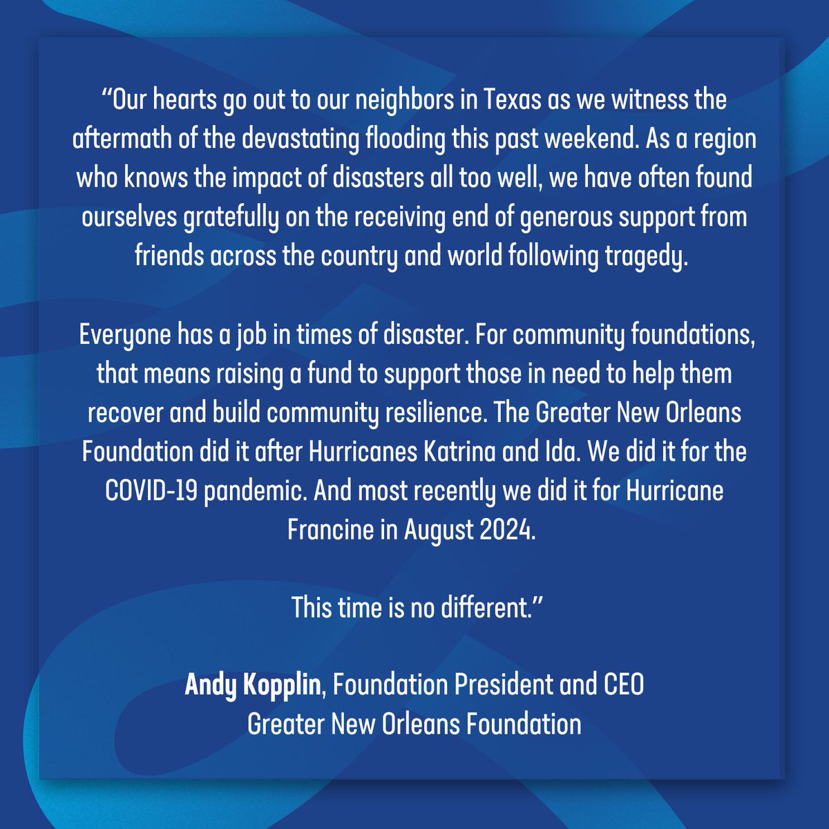 GNOFoundation's tweet image. For those of you who are interested in helping out with response and recovery efforts in Central Texas, we ask that you consider supporting a partner community foundation working on the front lines. To assist those impacted by the July 4 floods, the Community Foundation of the…