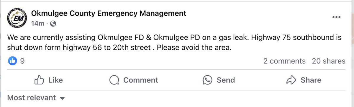 🚨 TRAFFIC ALERT: Avoid Hwy 75 between 13th St. and 20th St. in Okmulgee due to a gas leak. Traffic is being rerouted onto Loop 56 from the north side of town.

Plan ahead and take an alternate route to avoid delays.

➡️ No impact on OSUIT campus at this time.