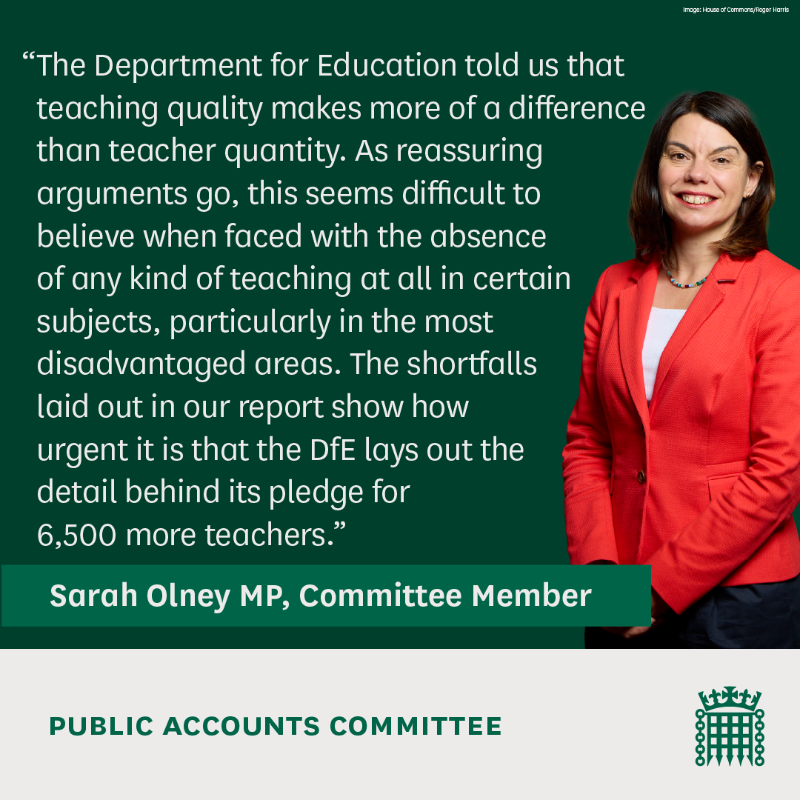 CommonsPAC's tweet photo. The teacher workforce crisis demands urgent action.

We believe @educationgovuk lacks a clear plan to recruit and retain teachers.

Government must ensure the pledge for 6,500 more teachers will really address nationwide shortages.

Find out more ⬇️