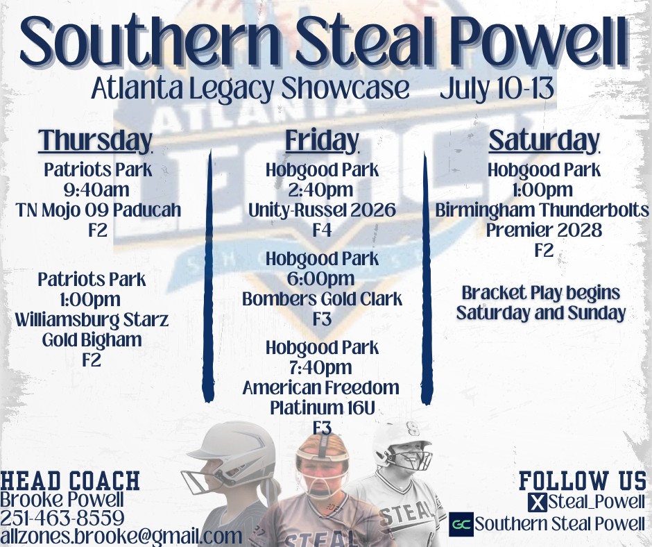 Schedule drop for this weekend.
Come out and watch!!
<a href="/lbpowell12/">Brooke Powell</a> <a href="/DHScoachjones_/">Justin Jones</a> <a href="/Steal_Powell/">Southern Steal - Powell</a> <a href="/WetumpkaSoftba1/">Wetumpka_Softball</a> <a href="/BSherSB/">Barb Sherwood</a> <a href="/ExtraInningSB/">EXTRA INNING SOFTBALL</a> <a href="/PrepSoftball/">Prep Softball 🥎</a> <a href="/KyleParmley/">Kyle Parmley 🥎</a> <a href="/SoftballDown/">Down South Softball</a> <a href="/CoastRecruits/">Coast 2 Coast Recruits</a>