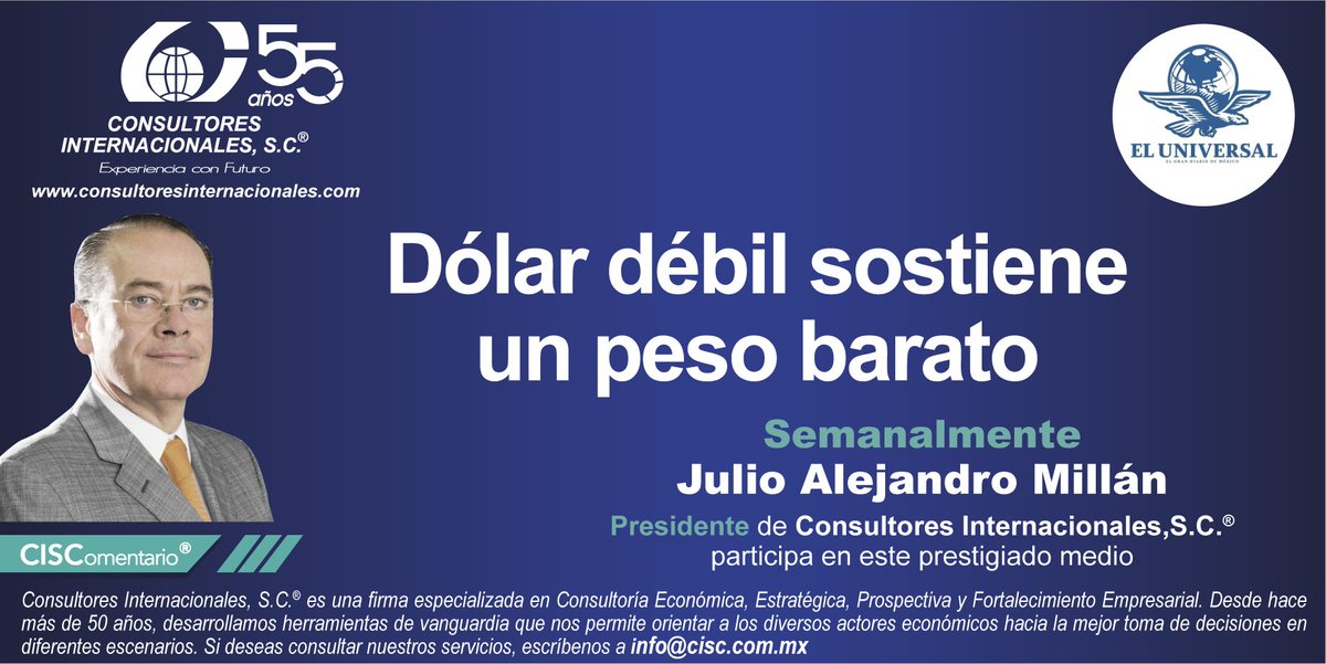 Consultores Internacionales SC (@cisc_sc) on Twitter photo Julio Alejandro Millán (<a href="/jamillanc/">Julio A Millan</a>), presidente de <a href="/CISC_SC/">Consultores Internacionales SC</a>, señala en <a href="/El_Universal_Mx/">El Universal</a> que el dólar cae −10 % (DXY) por tensiones geopolíticas, políticas de EE UU. y desdolarización.
Más en: eluniversal.com.mx/opinion/julio-…
#Economía #Mercados #Finanzas #Dólar #PesoMexicano Julio Alejandro Millán (<a href="/jamillanc/">Julio A Millan</a>), presidente de <a href="/CISC_SC/">Consultores Internacionales SC</a>, señala en <a href="/El_Universal_Mx/">El Universal</a> que el dólar cae −10 % (DXY) por tensiones geopolíticas, políticas de EE UU. y desdolarización.
Más en: eluniversal.com.mx/opinion/julio-…
#Economía #Mercados #Finanzas #Dólar #PesoMexicano
