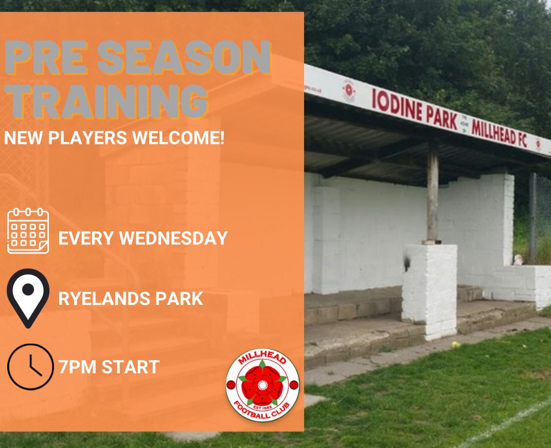 ℙ𝕣𝕖-𝕊𝕖𝕒𝕤𝕠𝕟 𝕋𝕣𝕒𝕚𝕟𝕚𝕟𝕘 🧡

After we kick started our pre season campaign off with a win Saturday we are back in training tomorrow! Details below.

New and returning players are welcome!

#forzamillhead 🧡