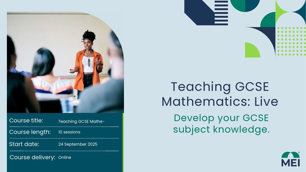 MEIMaths's tweet image. Are you new to teaching GCSE Mathematics?
Or need a refresh on the key practices?
With Teaching GCSE Mathematics: Live, you can receive 10 live sessions complete with expert guidance and resources to help you get ahead.
Find out more: buff.ly/waa8QPy
#GCSEMaths