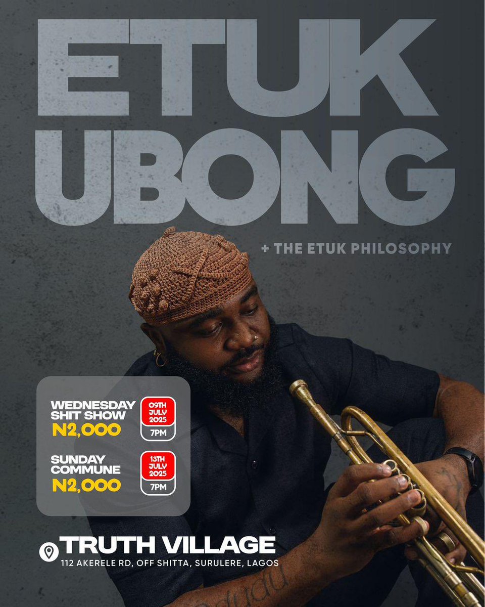 Ayaya!! 

Catch us live at the Truth Village for our regular weekly Commune. 

WEDNESDAY SHIT SHOW 09/07
7pm 
N2000 🎟️ 

SUNDAY COMMUNE 13/07
7pm 
N2000 🎟️ 

#earthmusic #voa #etukubong #odudu #truthvillage #commune #wednesdayshitshow #sundaycommune #commune #reels #lagos
