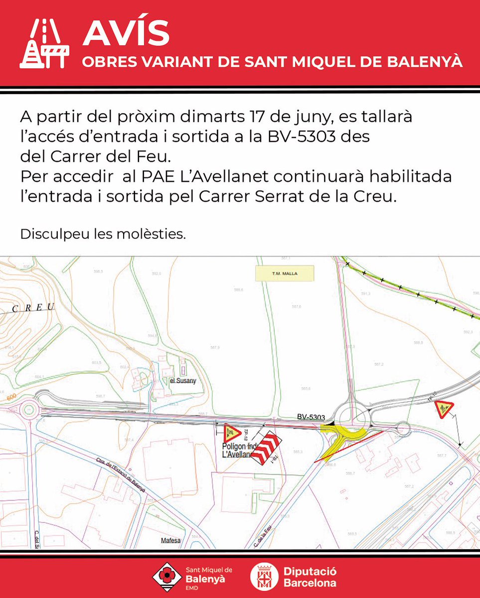 EMD Sant Miquel de Balenyà (@smbalenya) on Twitter photo 🚧 OBRES VARIANT SANT MIQUEL DE BALENYÀ
‼️ A partir del pròxim 9/7, es tallarà el carril en direcció SM Balenyà però es mantindrà el de direcciófins a Tona de la carretera BV-5303.
L’alternativa passarà pel Camí de Tona i posteriorment al Carrer del Feu
<a href="/AjuntamentSeva/">Ajuntament de Seva</a> 🚧 OBRES VARIANT SANT MIQUEL DE BALENYÀ
‼️ A partir del pròxim 9/7, es tallarà el carril en direcció SM Balenyà però es mantindrà el de direcciófins a Tona de la carretera BV-5303.
L’alternativa passarà pel Camí de Tona i posteriorment al Carrer del Feu
<a href="/AjuntamentSeva/">Ajuntament de Seva</a>