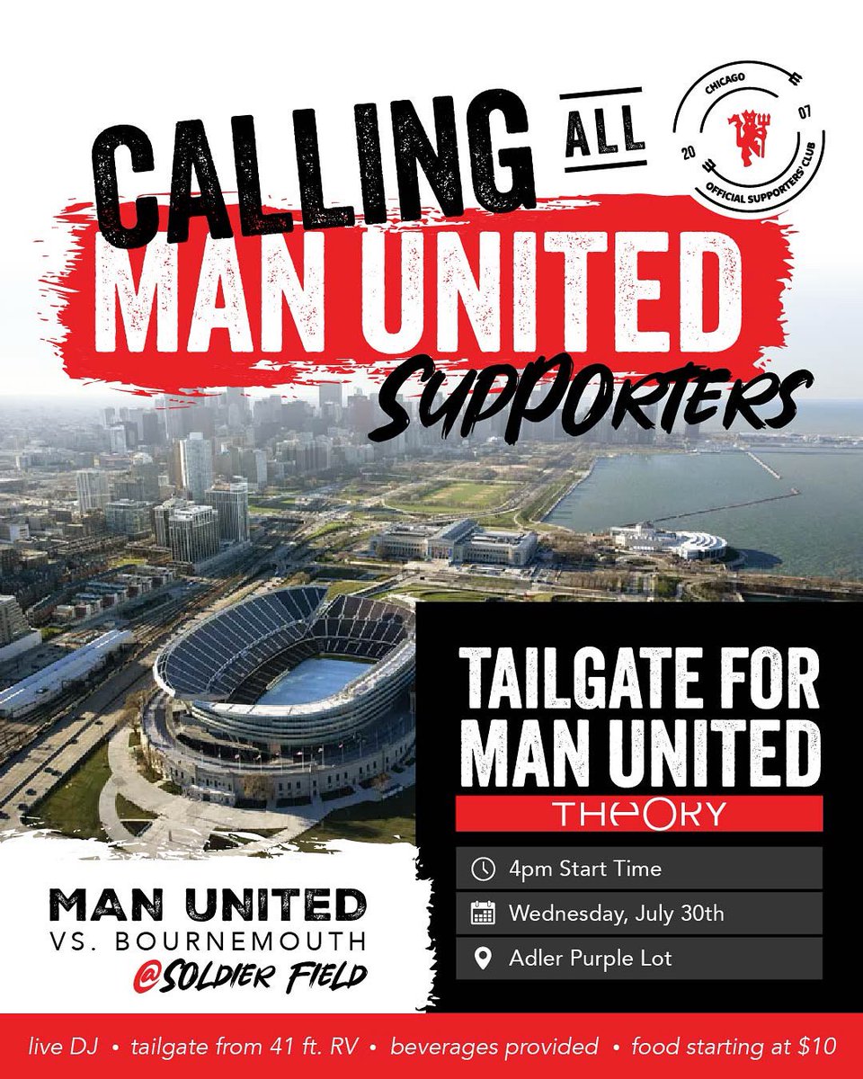 The first of many updates! We welcome all United fans to join us on July 30th from 4pm onwards. Free beer, prizes, special guests, and much more! #manchesterunited #mufchicago #chicago #plusa #soliderfield #mufc