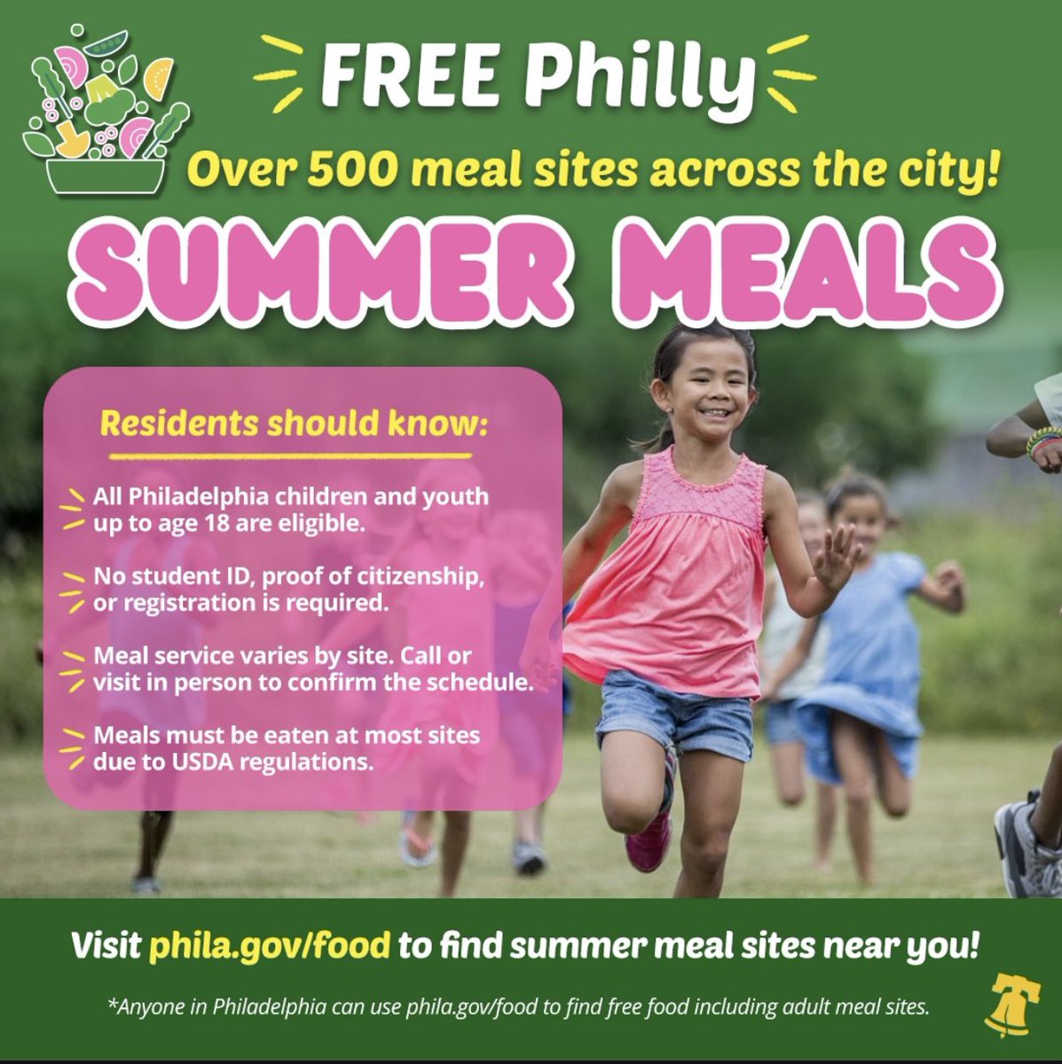 CM_JimHarrity's tweet image. FREE summer meals across Philly! 🥪☀️
✅ 500+ sites
✅ No ID or registration
✅ For all kids & youth up to 18
Find a site near you: phila.gov/food
#Philly #FreeMeals #SummerMeals