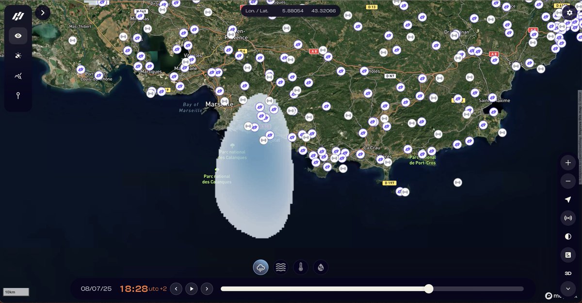 Le panache de fumée provoqué par l'incendie au Nord de Marseille est visible via le réseau de capteur <a href="/HDRain/">HD Rain</a> : les fumées sont prises pour de la pluie par nos capteurs ; elles sont si épaisses qu'elles provoquent l'atténuation des signaux télécom !