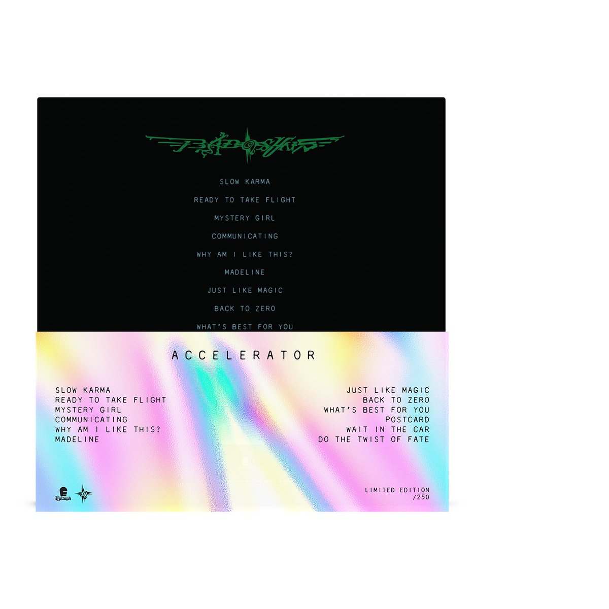 our fifth record, accelerator, will be yours one month from today. we just released LPs with screenprinted holographic jackets in our online store to honor the occasion. inventory is limited and we will not be restocking once they're gone.
 badsuns.ffm.to/store