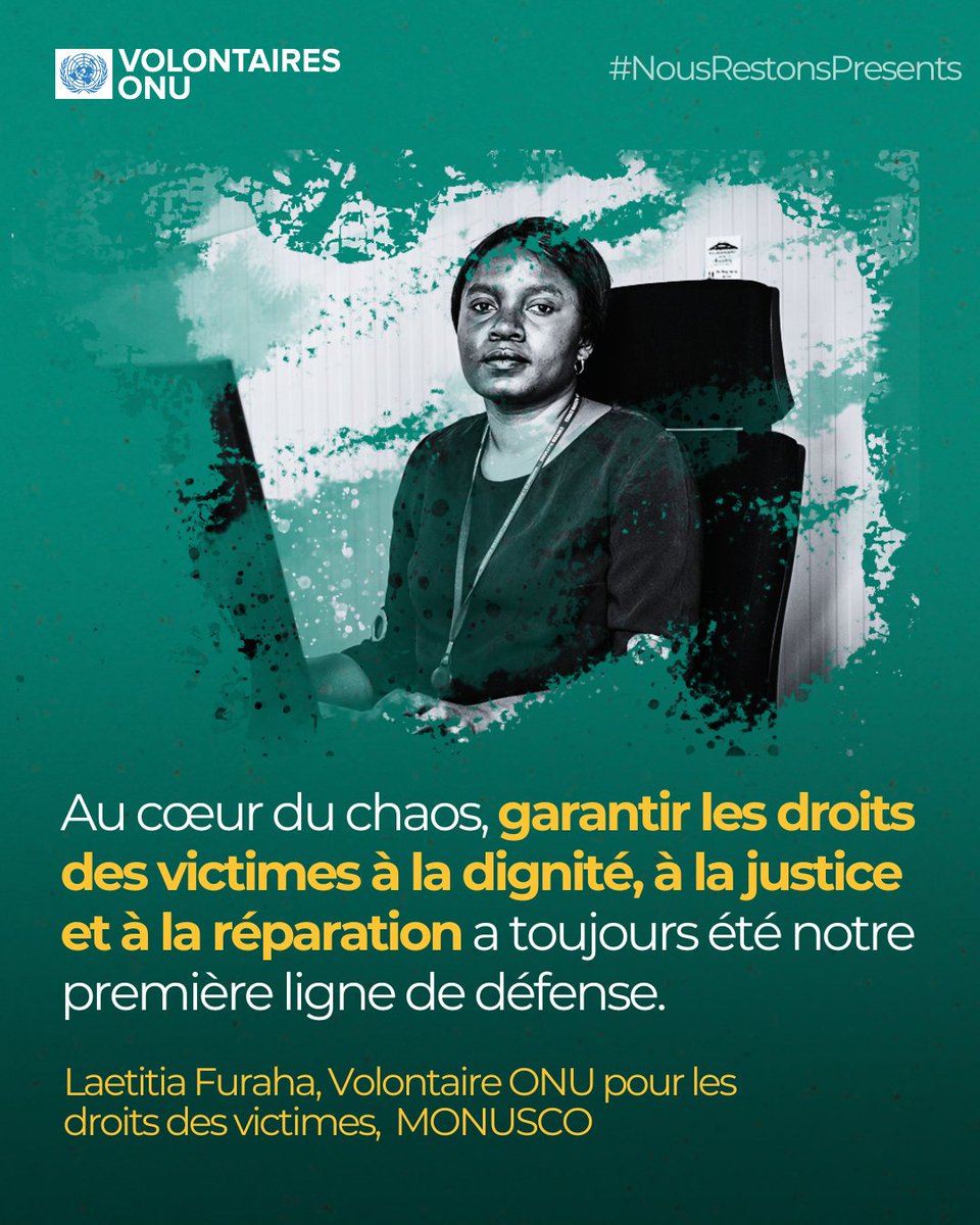 🇨🇩 En RDC, Laetitia Furaha agit là où les droits des victimes doivent être protégés.
Volontaire ONU avec la <a href="/MONUSCO/">MONUSCO</a>, elle place l’humain au centre, même en pleine crise.
 #NousRestonsPrésents