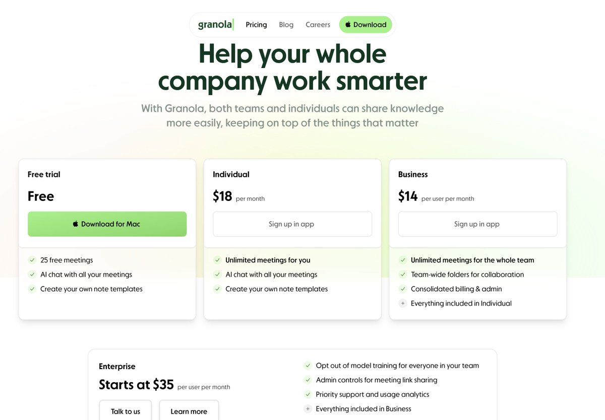 .<a href="/meetgranola/">Granola</a> has to be the first app I've seen where Business pricing is &gt;cheaper&lt; than Individual

The reality is, many apps should probably do this to incent teams to use an app, not just individuals

(OFC, Enterprise then gets 2x as expensive again :)