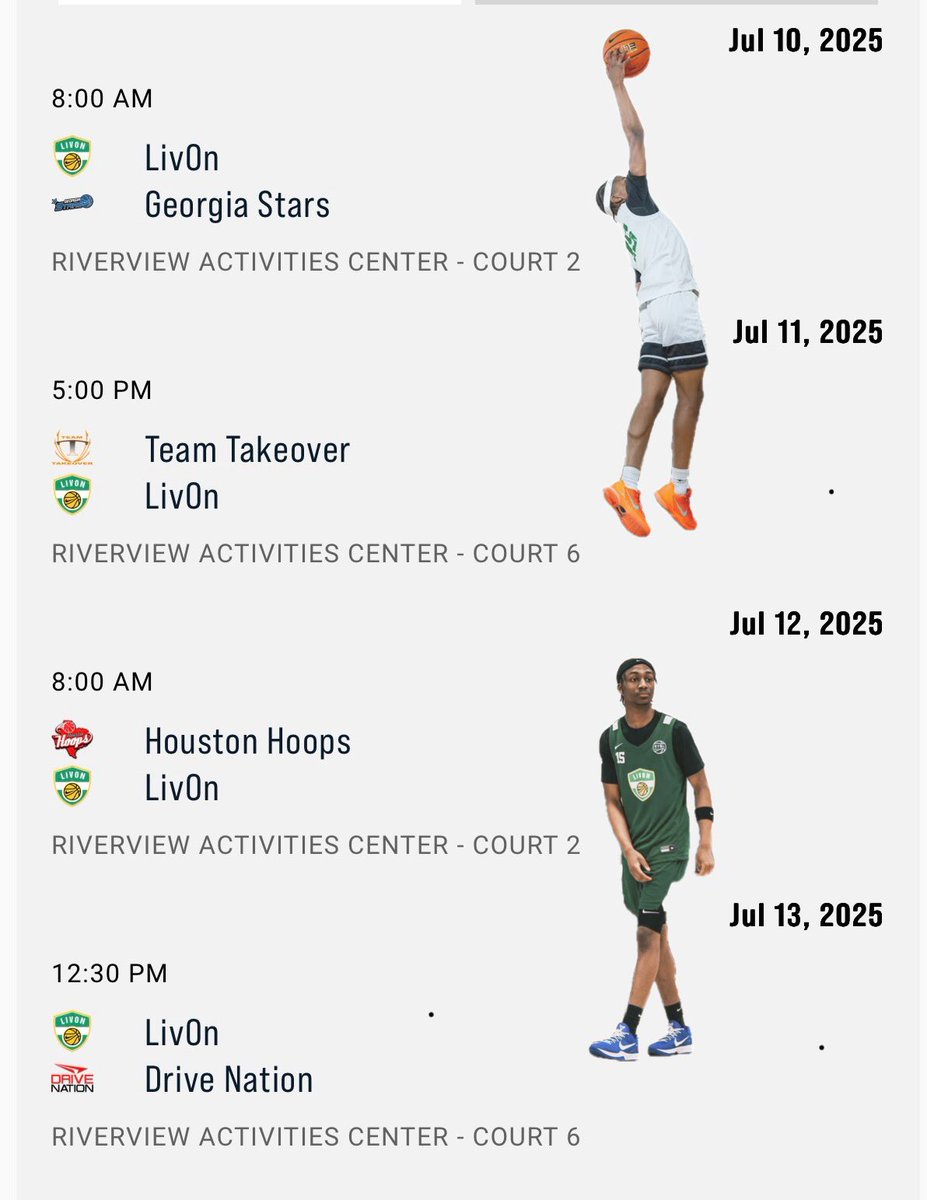 Ian Edmond (@ianedmond2027) on Twitter photo College coaches this is my schedule for session 4 <a href="/NikeEYB/">EliteYouthBasketball</a> in Augusta
<a href="/LivOnBasketball/">LivOn Basketball</a>
<a href="/ZHSBasketball_/">Zachary Basketball</a>
<a href="/cpt_tatum/">Donald Tatum</a>
<a href="/MikeCoppage1/">Mike Coppage</a>
<a href="/PrepHoopsLA/">Prep Hoops Louisiana</a> College coaches this is my schedule for session 4 <a href="/NikeEYB/">EliteYouthBasketball</a> in Augusta
<a href="/LivOnBasketball/">LivOn Basketball</a>
<a href="/ZHSBasketball_/">Zachary Basketball</a>
<a href="/cpt_tatum/">Donald Tatum</a>
<a href="/MikeCoppage1/">Mike Coppage</a>
<a href="/PrepHoopsLA/">Prep Hoops Louisiana</a>