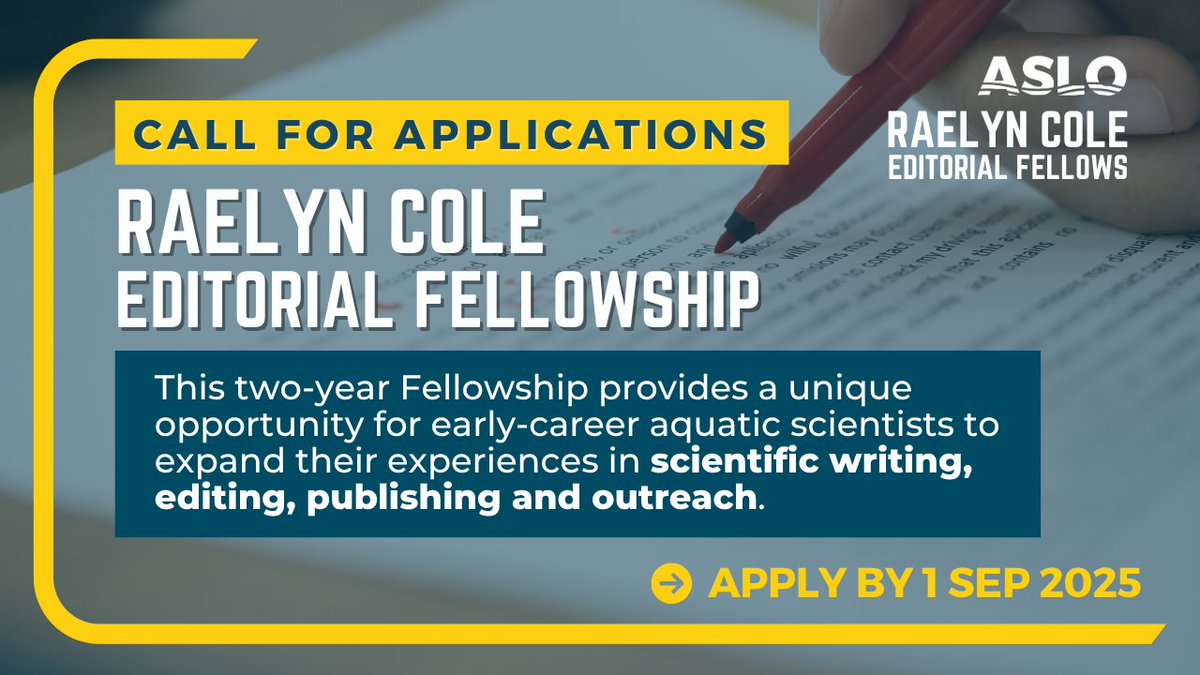 aslo_org's tweet image. 🙌 Exciting Opportunity for Early-Career Aquatic Scientists:
The Raelyn Cole Editorial Fellowship offers the opportunity to enhance skills in scientific writing, editing, publishing, and outreach.
Call for applications is open now! Learn more about the program's goals and…