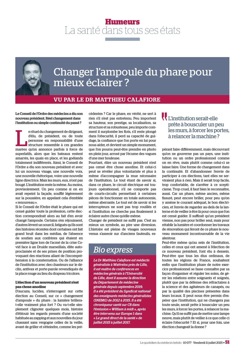 Calafiore Matthieu 🇺🇦 (@matt_calafiore) on Twitter photo Le conseil de l'<a href="/ordre_medecins/">Ordre des Médecins</a> a un nouveau président. Réel ou non événement ? "Changer l'ampoule du phare pour mieux éclairer ?"
Billet d'humeur à paraître vendredi dans le <a href="/leQdM/">Le Quotidien du Médecin</a> #CNOM Le conseil de l'<a href="/ordre_medecins/">Ordre des Médecins</a> a un nouveau président. Réel ou non événement ? "Changer l'ampoule du phare pour mieux éclairer ?"
Billet d'humeur à paraître vendredi dans le <a href="/leQdM/">Le Quotidien du Médecin</a> #CNOM
