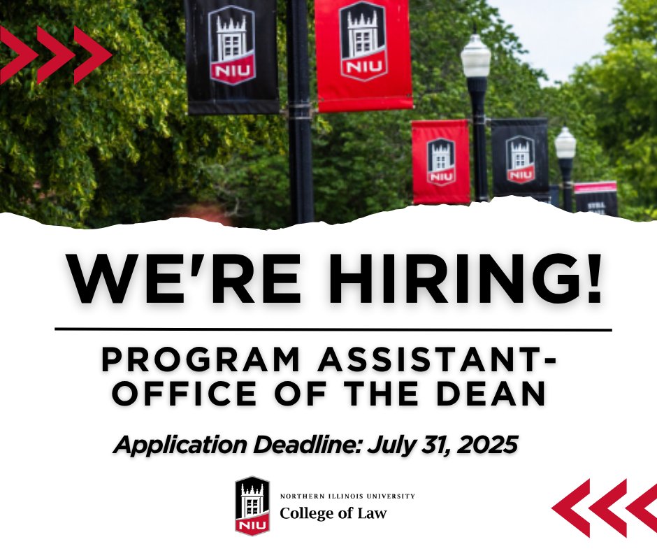 NIU College of Law is seeking a Program Assistant for the Office of the Dean at our main campus in DeKalb, IL! The closing date for applications is July 31, 2025.  Apply now at employment.niu.edu/postings/83487.
#niulaw #niulawhasitall #niulawis4you #niulawproud