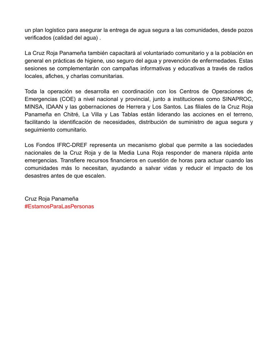 Frente a la crisis por la contaminación del Río La Villa, la Cruz Roja Panameña ha activado una operación de emergencia con apoyo del fondo DREF de la Federación Internacional, para garantizar el acceso a agua segura a más de 30,000 personas en Herrera y Los Santos.