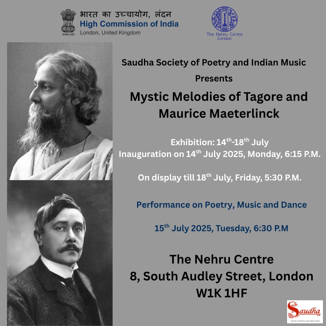 ICCR in the UK (@thenehrucentre) on Twitter photo Join us for an exhibition and performance by Saudha Society of Poetry and Indian Music, celebrating the mystical works of Tagore and Maeterlinck through music, poetry, dance, and art.
<a href="/HCI_London/">India in the UK</a> <a href="/iccr_hq/">ICCR</a> <a href="/MinOfCultureGoI/">Ministry of Culture</a> <a href="/sujitjoyghosh/">Sujit Ghosh</a> <a href="/VDoraiswami/">Vikram Doraiswami</a> <a href="/jsnaorem/">naorem</a> Join us for an exhibition and performance by Saudha Society of Poetry and Indian Music, celebrating the mystical works of Tagore and Maeterlinck through music, poetry, dance, and art.
<a href="/HCI_London/">India in the UK</a> <a href="/iccr_hq/">ICCR</a> <a href="/MinOfCultureGoI/">Ministry of Culture</a> <a href="/sujitjoyghosh/">Sujit Ghosh</a> <a href="/VDoraiswami/">Vikram Doraiswami</a> <a href="/jsnaorem/">naorem</a>