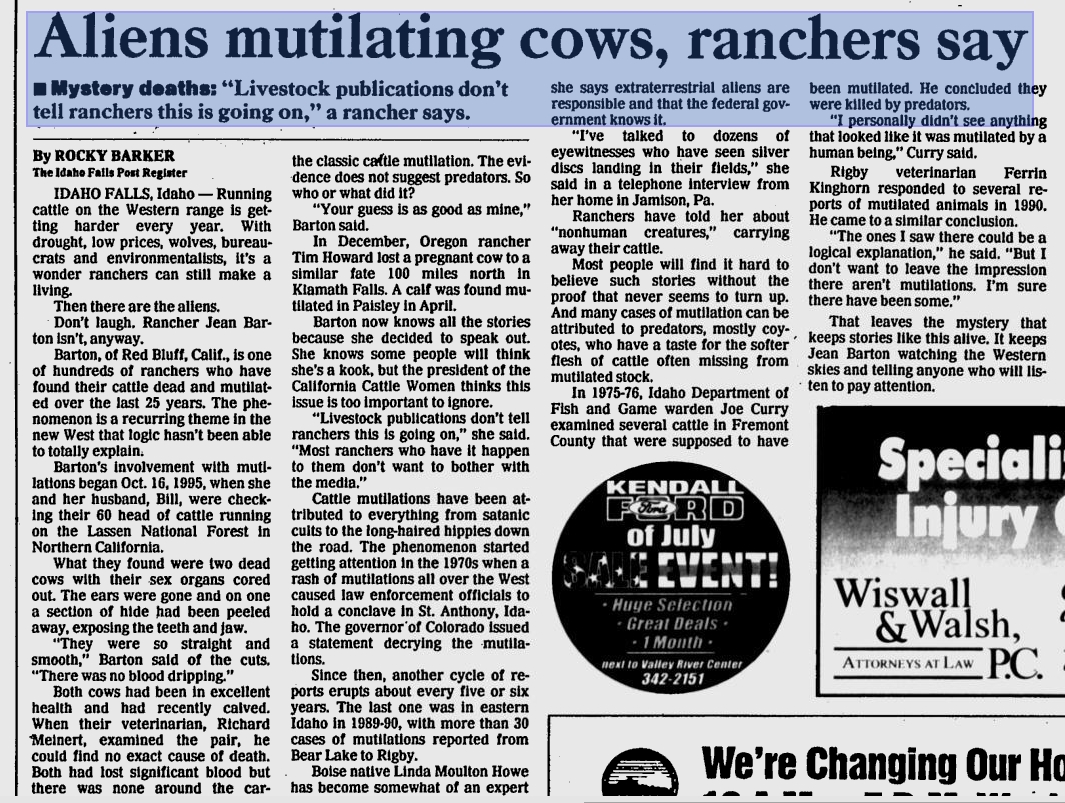 Accade da secoli e colpisce animali e anche, seppur in numero minore, potenzialmente esseri umani, ma in ufologia si preferisce convenientemente non parlarne affatto. Eppure sono fatti concreti.

Il cover up colpisce anche gli ufologi, non solo militari e l'intelligence.