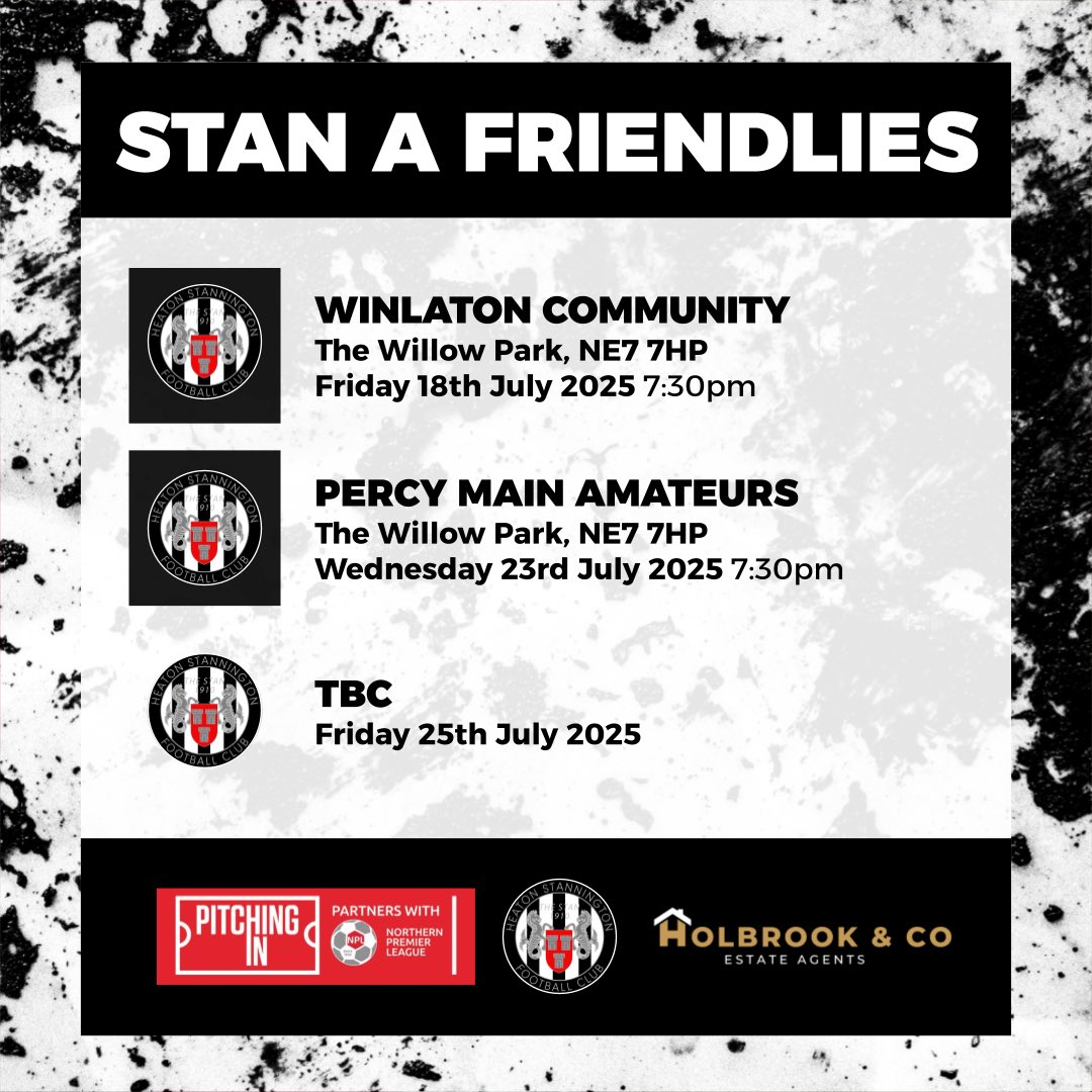 Heaton Stannington FC (@heatonstan) on Twitter photo STAN A FRIENDLIES
Preparations for <a href="/HeatonStanA1/">Heaton Stan A</a>’s first season in the <a href="/nfalliance1890/">Northern Football Alliance</a> Premier Division are underway - they continue with an away friendly at Rothbury tomorrow night!
Here’s what they’re getting up to over the next few weeks - all open to the public! STAN A FRIENDLIES
Preparations for <a href="/HeatonStanA1/">Heaton Stan A</a>’s first season in the <a href="/nfalliance1890/">Northern Football Alliance</a> Premier Division are underway - they continue with an away friendly at Rothbury tomorrow night!
Here’s what they’re getting up to over the next few weeks - all open to the public!