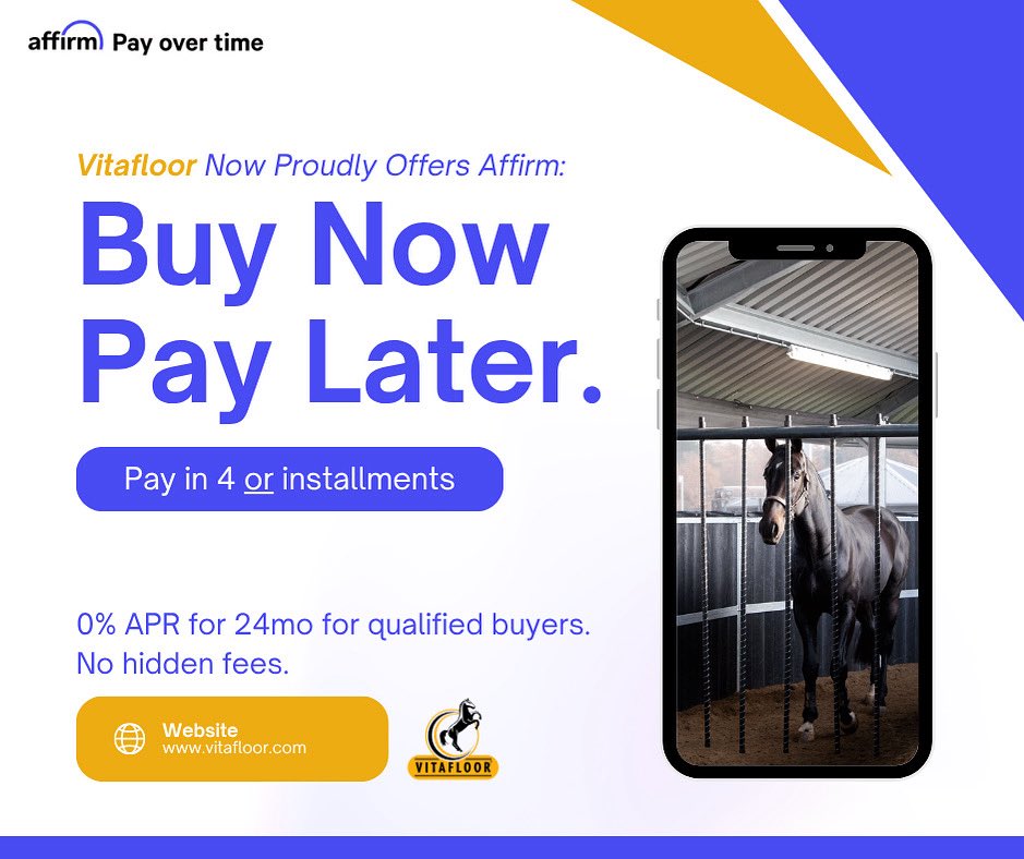 🚨 Big News! We’ve partnered with Affirm to bring you flexible payment options on the equipment your horse deserves — without paying all your cash up front. 🙌

You can now finance your horse training &amp; rehab products directly through our webshop at vitafloor.com!