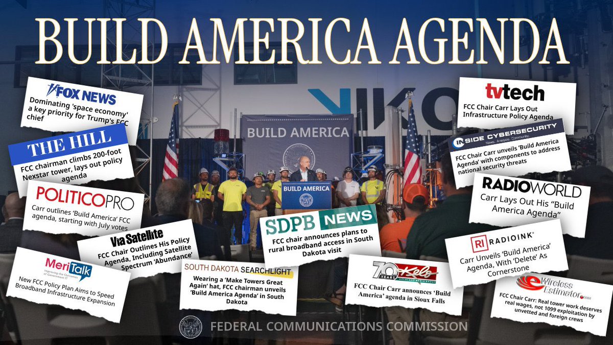 FCC's tweet image. 📰 HOT OFF THE PRESSES: Chairman @BrendanCarrFCC’s #BuildAmerica🇺🇸 Agenda
“Carr delivered a speech… surrounded by construction workers, American flags and Toby Keith country music playing from loudspeakers.” - @SDSearchlight
Read more 🧵 ⬇️