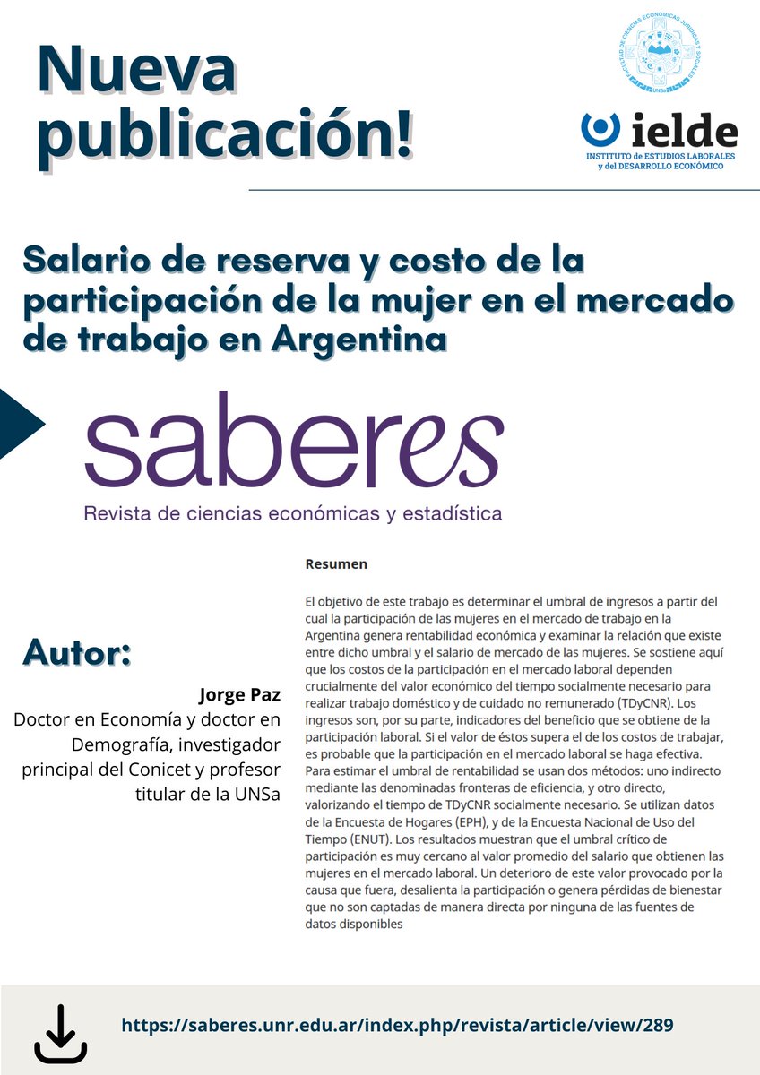 #NuevaPublicación 📝

🔖Salario de reserva y costo de la participación de la mujer en el mercado de trabajo en Argentina

Descargá aquí: saberes.unr.edu.ar/index.../revis…