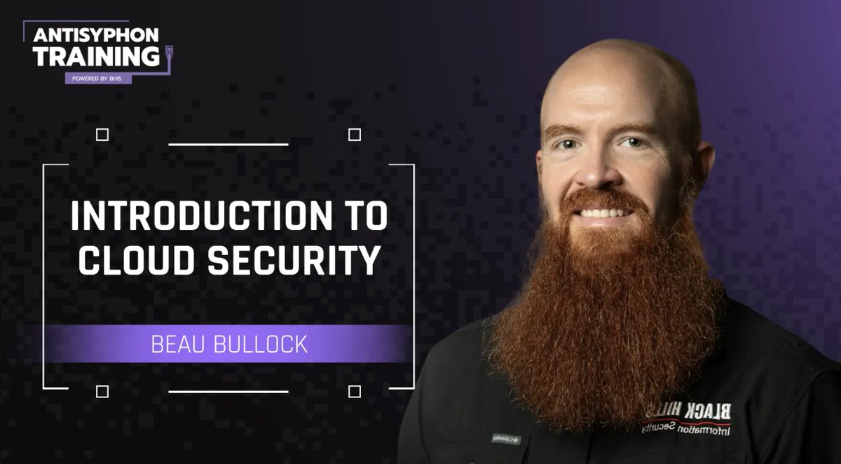 BHinfoSecurity's tweet image. Friday, July 11
Introduction to Cloud Security
with Beau Bullock
Starting at $0
Register:
antisyphontraining.com/course/worksho…