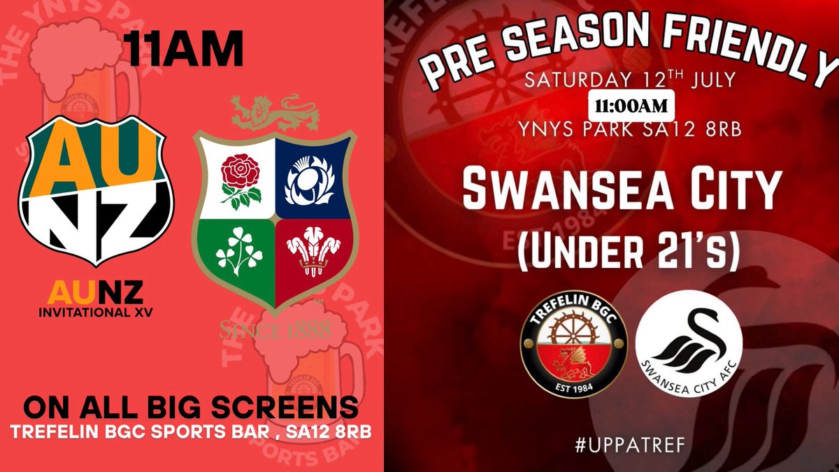 TrefelinBGCbar's tweet image. This Saturday we are open from 10:30AM for the pre season friendly against Swansea City (Under 21’s) and also will be showing the Lions rugby match at 11AM⚽️🏉
Entry on the gate is £3 adults, £1 U16’s/Concessions