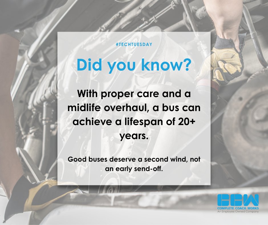 CCWbus's tweet photo. A midlife overhaul gives your bus the second wind it needs to stay reliable for 20+ years.

We recommend overhauls at the 6–8 year mark to reduce downtime, avoid costly repairs, and get the most out of your current fleet.

Visit us at https://t.co/cHWMdbODk9 https://t.co/wpcLslaFV7
